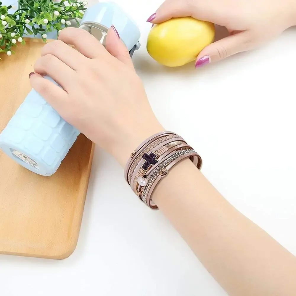 Cross Boho Multilayer Leather Wrap Cuff Bangle Bracelet - Picture 5 of 6